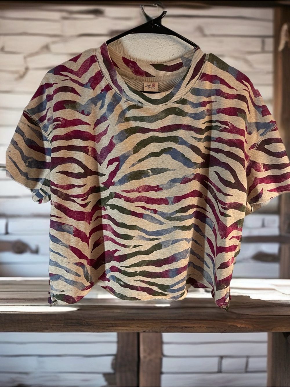 Secret Treasures Zebra Stripe Cropped Tee in Cream, Pink & Olive Size Small